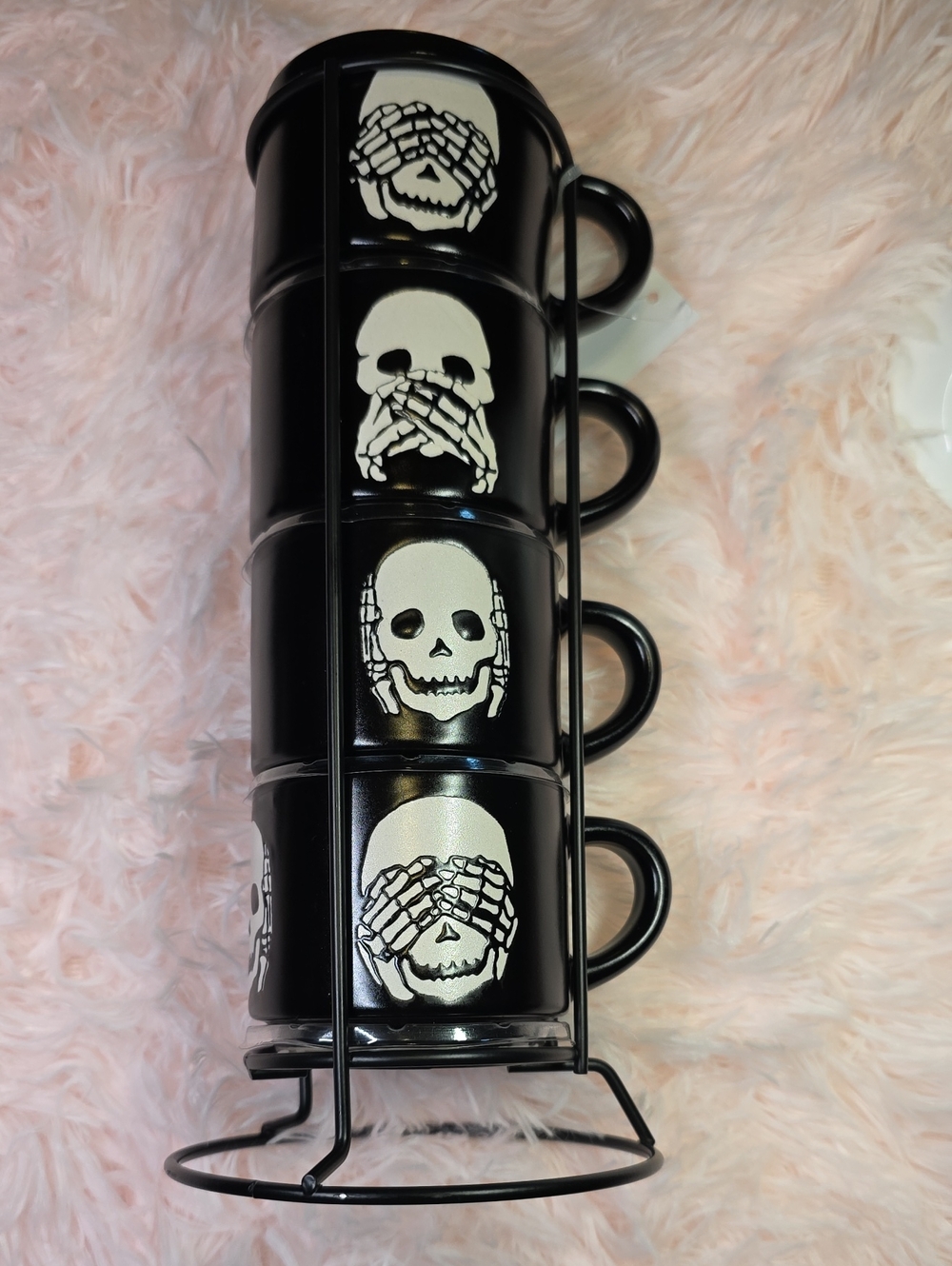 Source Unknown Black Skull Stackable Espresso Mug Set with Stand